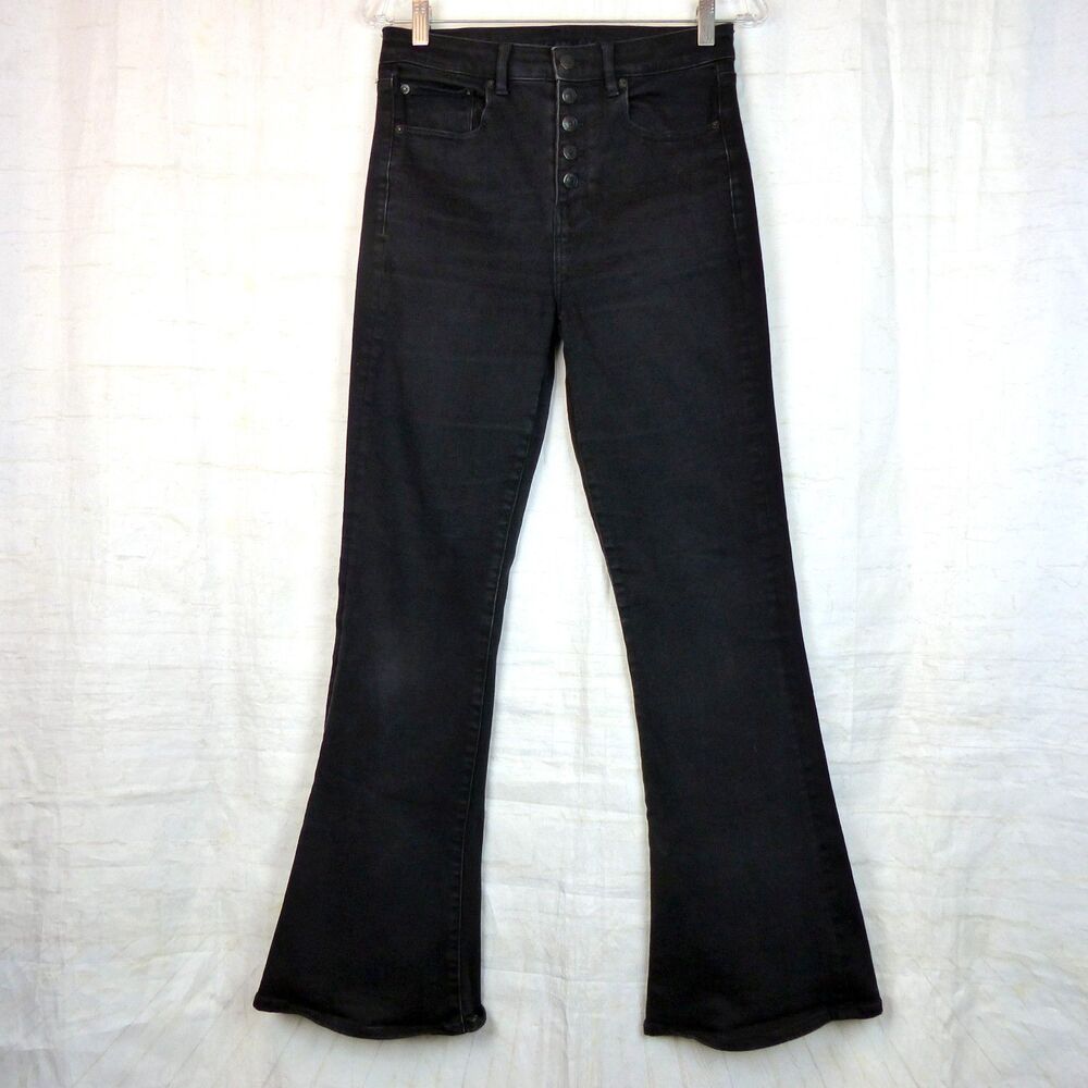 American Eagle Highest Rise Flare Jeans 6R 28x30.5 Black Button Fly Stretch Boho